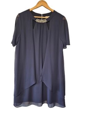 Laura Petites Navy CHIFFON dress With Pearl Neckline Size 16